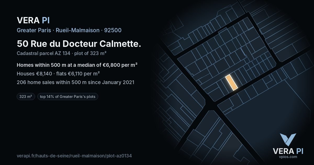 50 Rue du Docteur Calmette, Rueil-Malmaison at night – the plot lit, the parcels around coloured by the prices near them