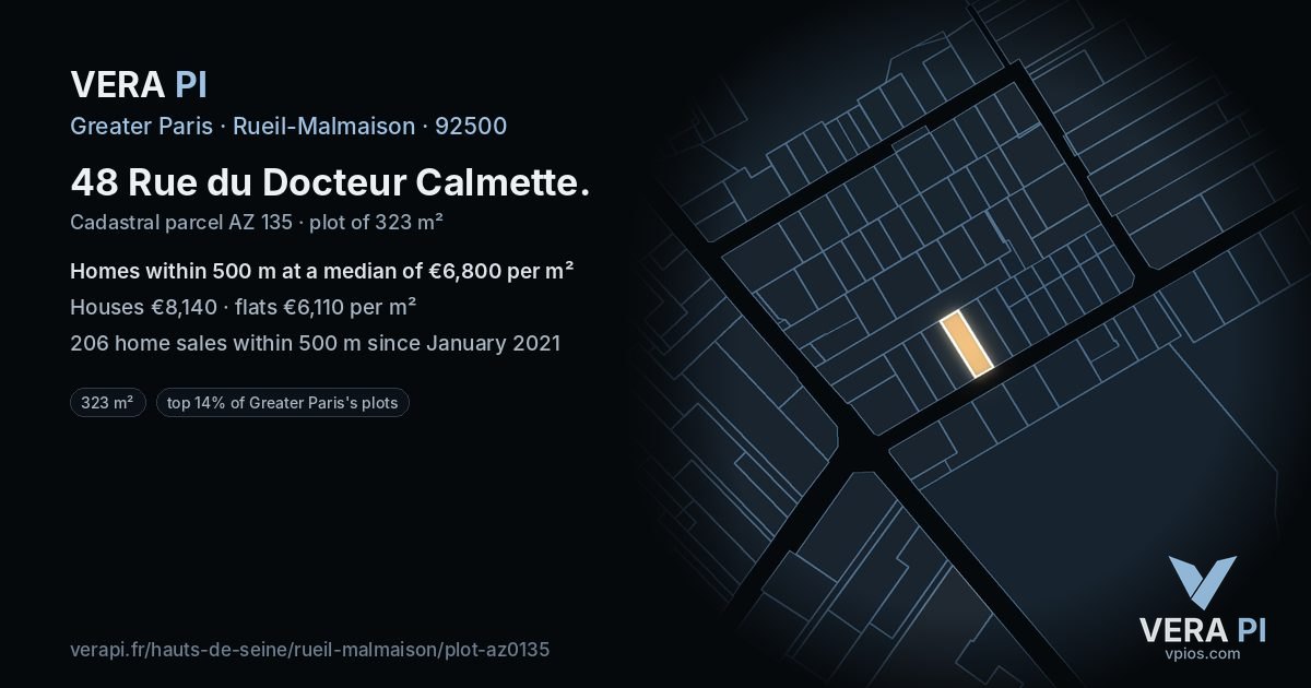 48 Rue du Docteur Calmette, Rueil-Malmaison at night – the plot lit, the parcels around coloured by the prices near them