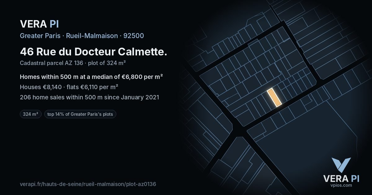 46 Rue du Docteur Calmette, Rueil-Malmaison at night – the plot lit, the parcels around coloured by the prices near them