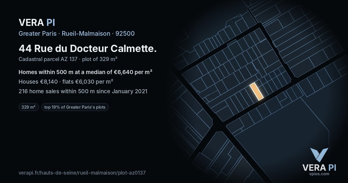 44 Rue du Docteur Calmette, Rueil-Malmaison at night – the plot lit, the parcels around coloured by the prices near them