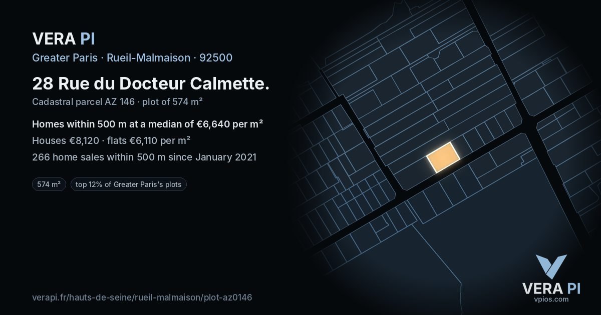 28 Rue du Docteur Calmette, Rueil-Malmaison at night – the plot lit, the parcels around coloured by the prices near them