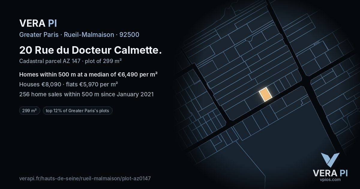 20 Rue du Docteur Calmette, Rueil-Malmaison at night – the plot lit, the parcels around coloured by the prices near them