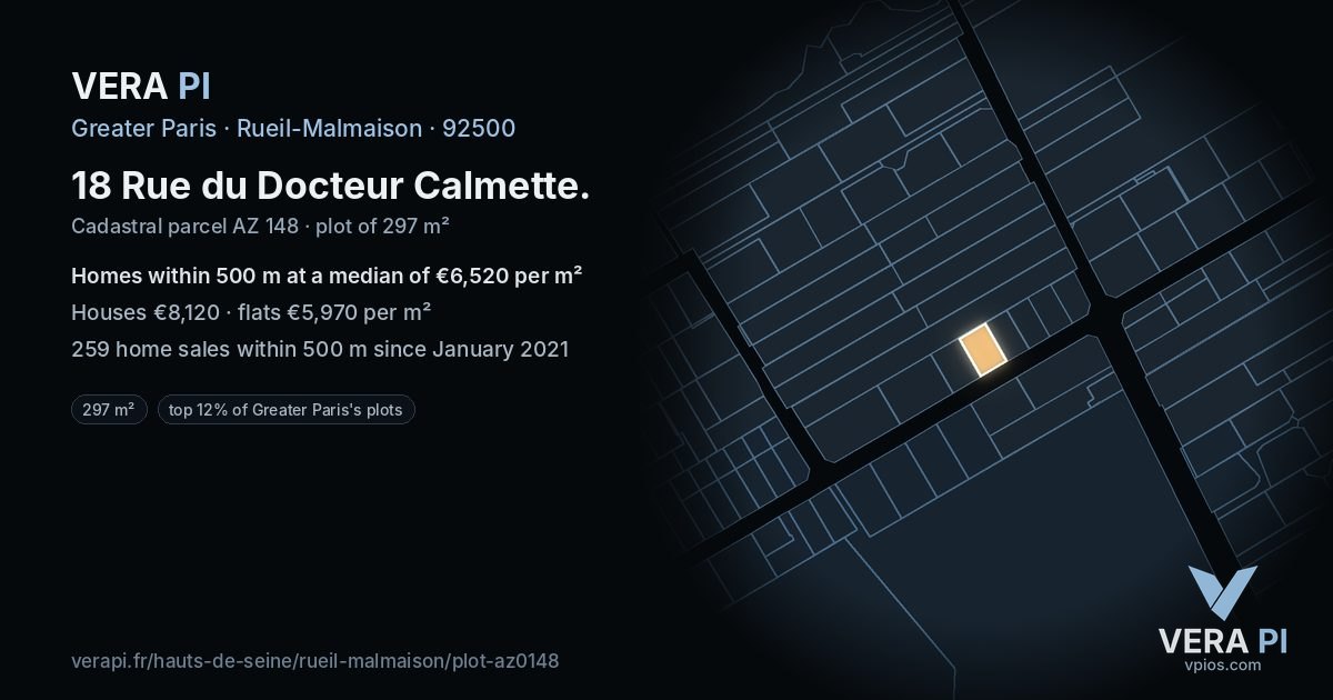 18 Rue du Docteur Calmette, Rueil-Malmaison at night – the plot lit, the parcels around coloured by the prices near them