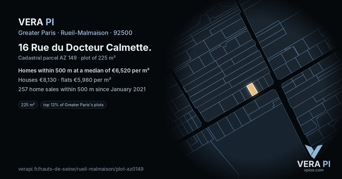16 Rue du Docteur Calmette, Rueil-Malmaison at night – the plot lit, the parcels around coloured by the prices near them
