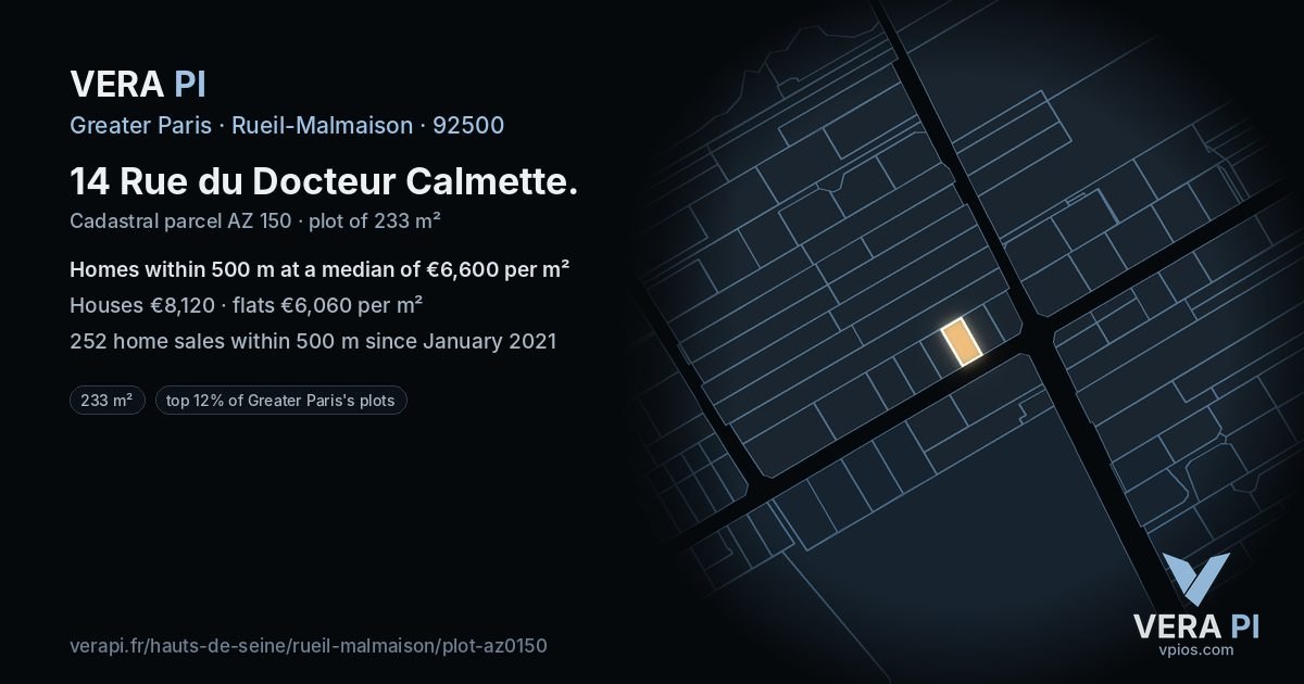 14 Rue du Docteur Calmette, Rueil-Malmaison at night – the plot lit, the parcels around coloured by the prices near them