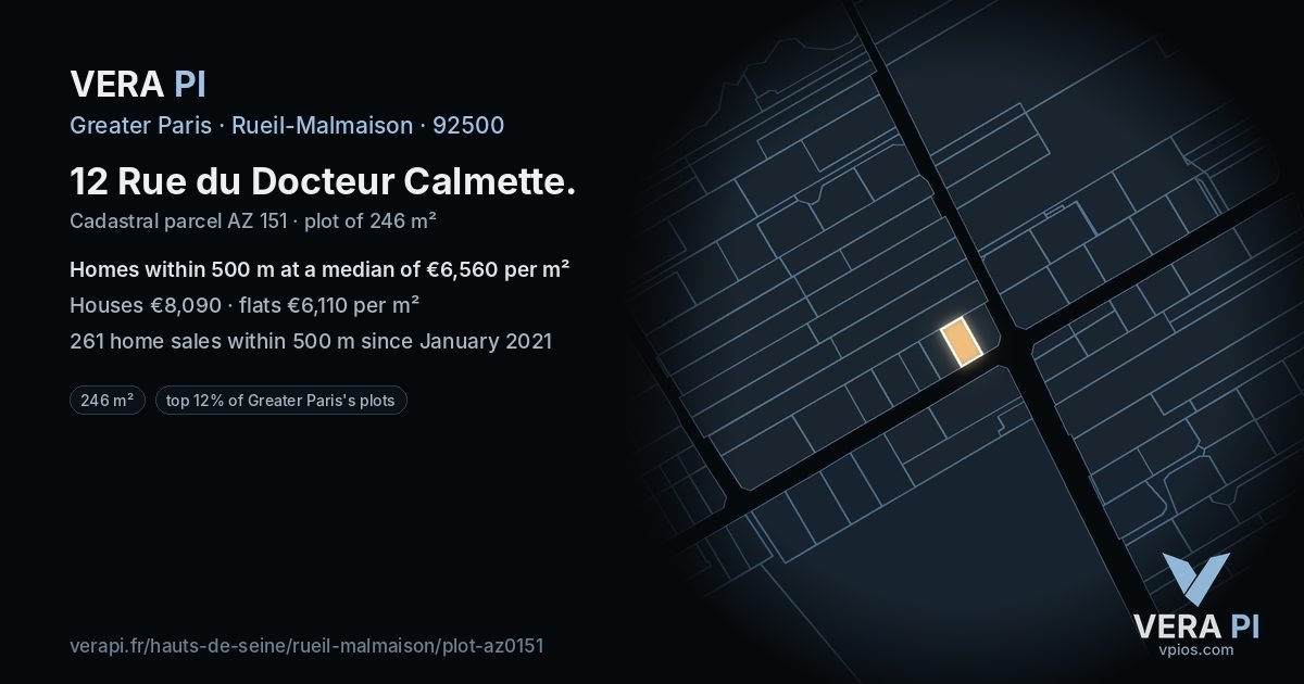 12 Rue du Docteur Calmette, Rueil-Malmaison at night – the plot lit, the parcels around coloured by the prices near them