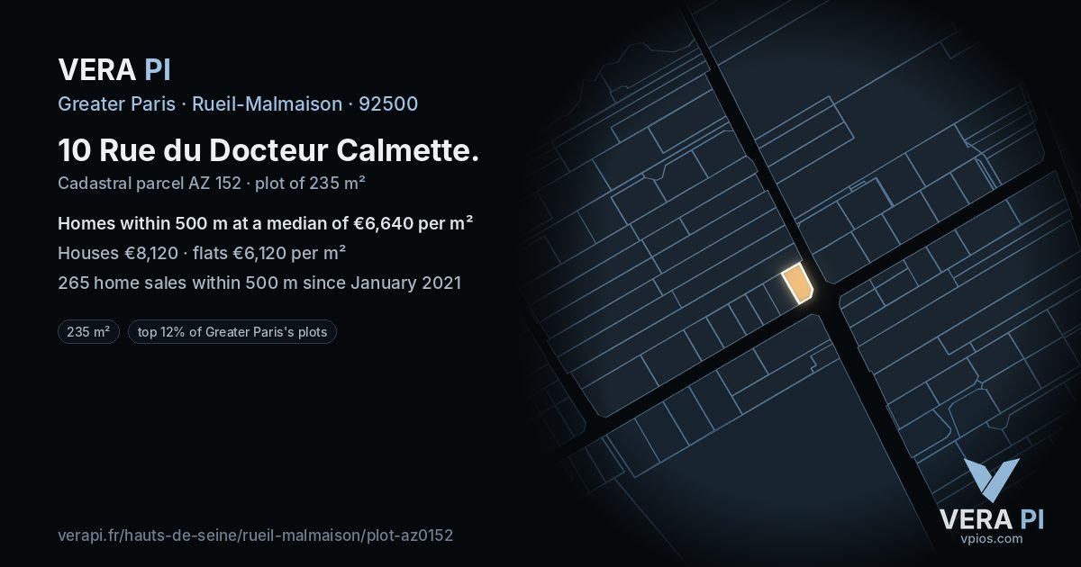 10 Rue du Docteur Calmette, Rueil-Malmaison at night – the plot lit, the parcels around coloured by the prices near them