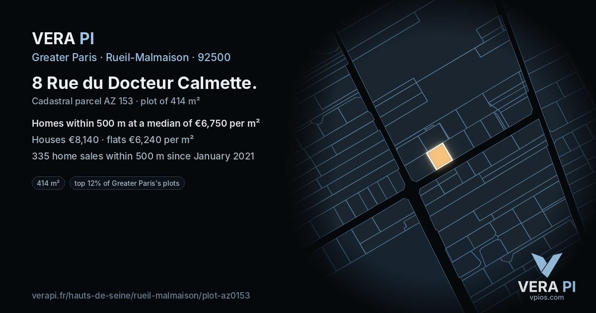8 Rue du Docteur Calmette, Rueil-Malmaison at night – the plot lit, the parcels around coloured by the prices near them