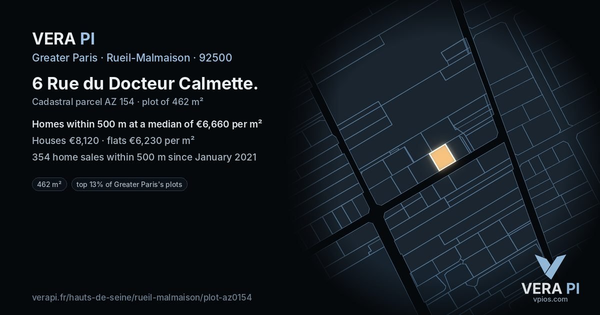 6 Rue du Docteur Calmette, Rueil-Malmaison at night – the plot lit, the parcels around coloured by the prices near them