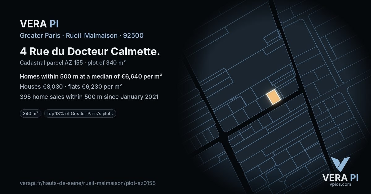 4 Rue du Docteur Calmette, Rueil-Malmaison at night – the plot lit, the parcels around coloured by the prices near them
