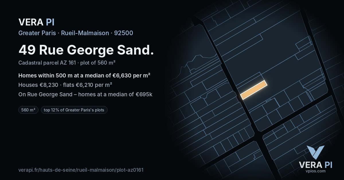 49 Rue George Sand, Rueil-Malmaison at night – the plot lit, the parcels around coloured by the prices near them