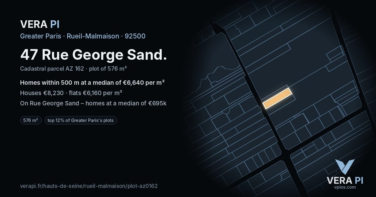 47 Rue George Sand, Rueil-Malmaison at night – the plot lit, the parcels around coloured by the prices near them