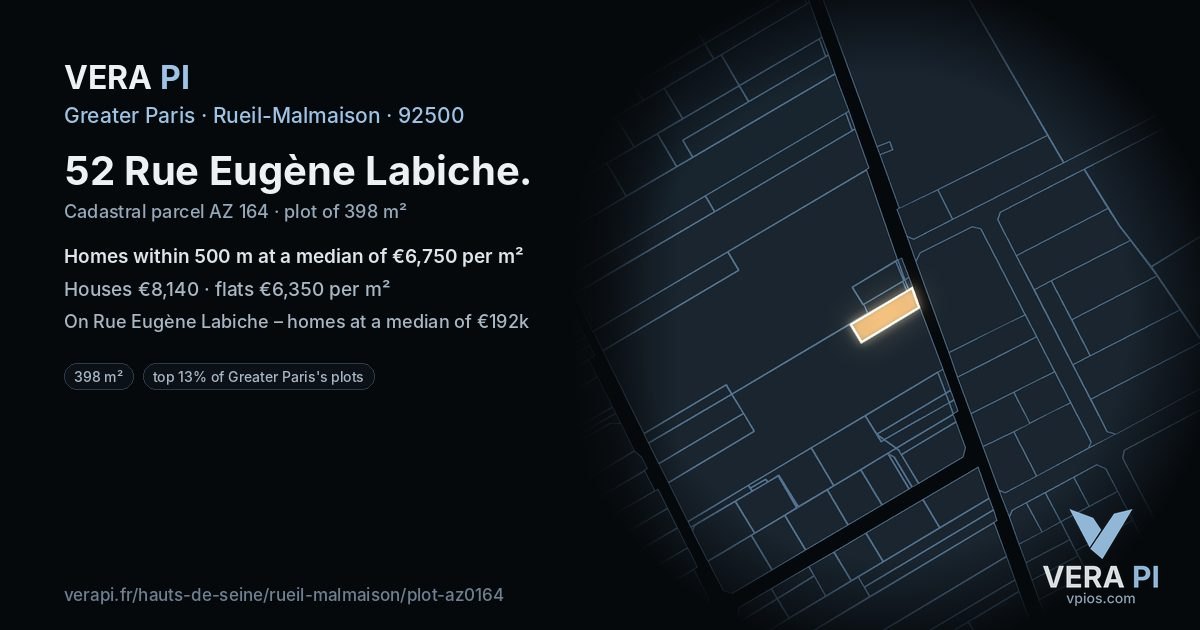 52 Rue Eugène Labiche, Rueil-Malmaison at night – the plot lit, the parcels around coloured by the prices near them