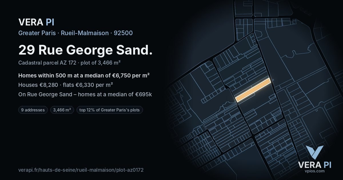 29 Rue George Sand, Rueil-Malmaison at night – the plot lit, the parcels around coloured by the prices near them