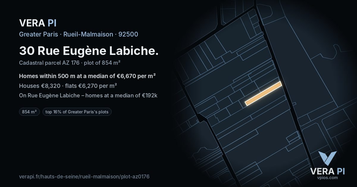 30 Rue Eugène Labiche, Rueil-Malmaison at night – the plot lit, the parcels around coloured by the prices near them