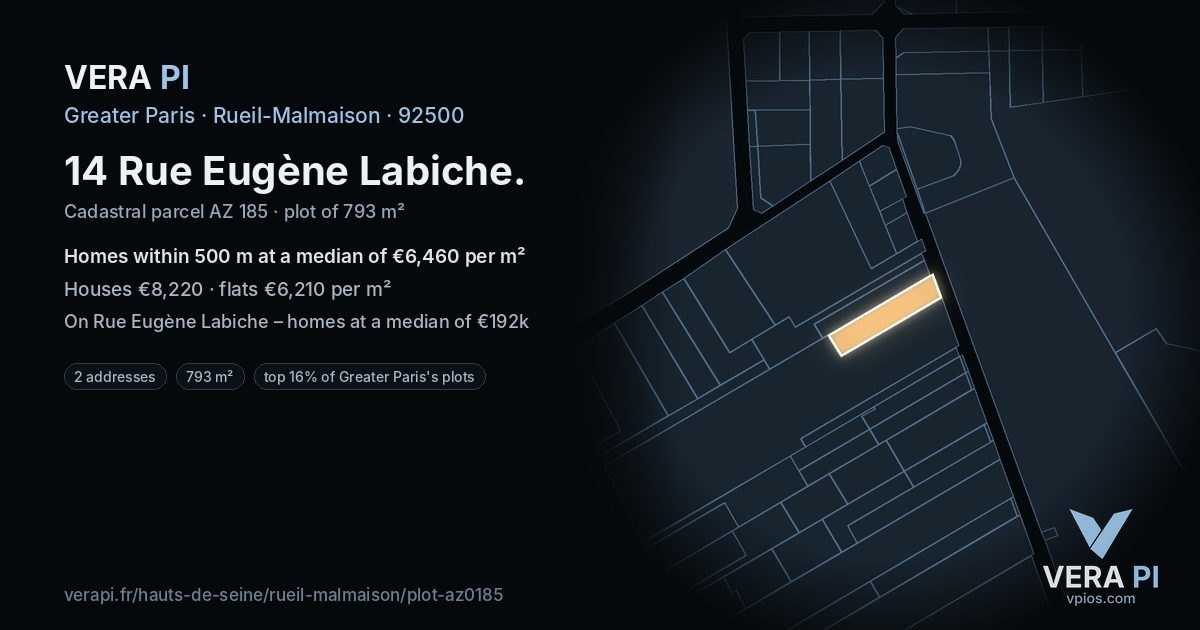 14 Rue Eugène Labiche, Rueil-Malmaison at night – the plot lit, the parcels around coloured by the prices near them