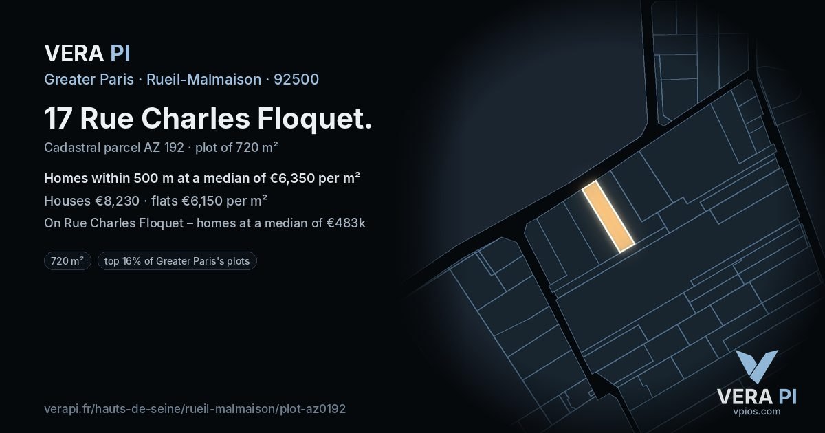 17 Rue Charles Floquet, Rueil-Malmaison at night – the plot lit, the parcels around coloured by the prices near them