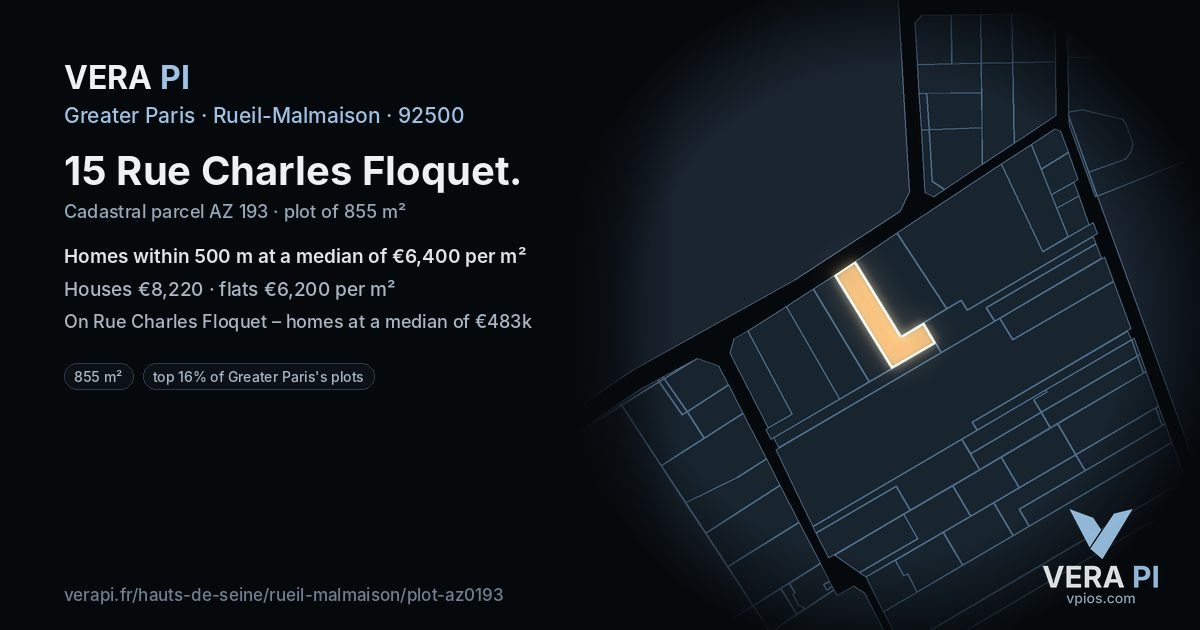 15 Rue Charles Floquet, Rueil-Malmaison at night – the plot lit, the parcels around coloured by the prices near them