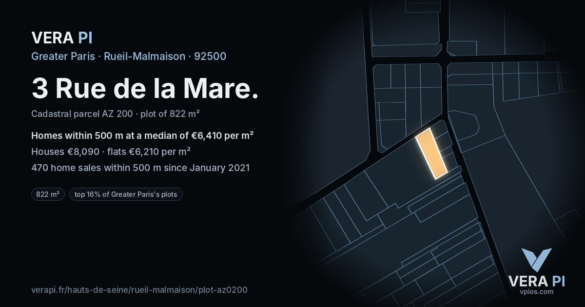 3 Rue de la Mare, Rueil-Malmaison at night – the plot lit, the parcels around coloured by the prices near them