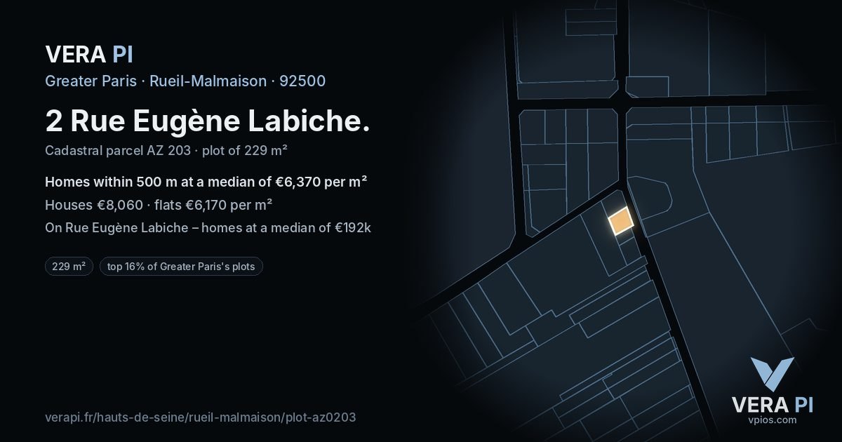 2 Rue Eugène Labiche, Rueil-Malmaison at night – the plot lit, the parcels around coloured by the prices near them