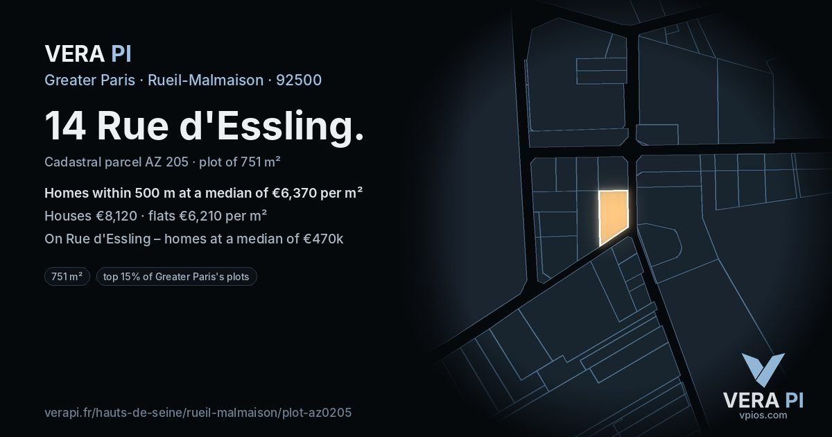 14 Rue d'Essling, Rueil-Malmaison at night – the plot lit, the parcels around coloured by the prices near them