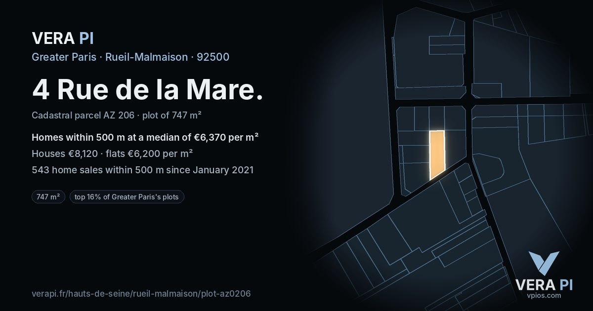 4 Rue de la Mare, Rueil-Malmaison at night – the plot lit, the parcels around coloured by the prices near them