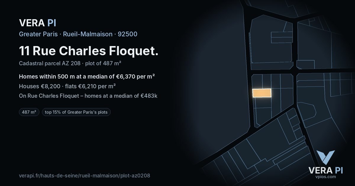 11 Rue Charles Floquet, Rueil-Malmaison at night – the plot lit, the parcels around coloured by the prices near them