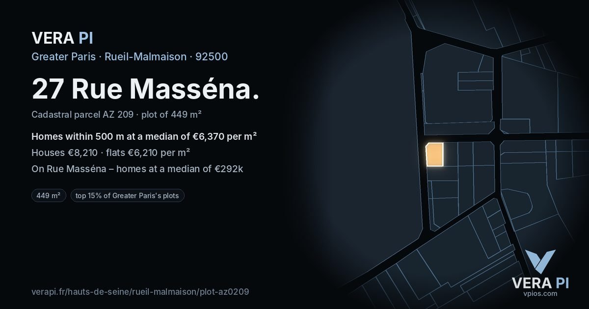 27 Rue Masséna, Rueil-Malmaison at night – the plot lit, the parcels around coloured by the prices near them