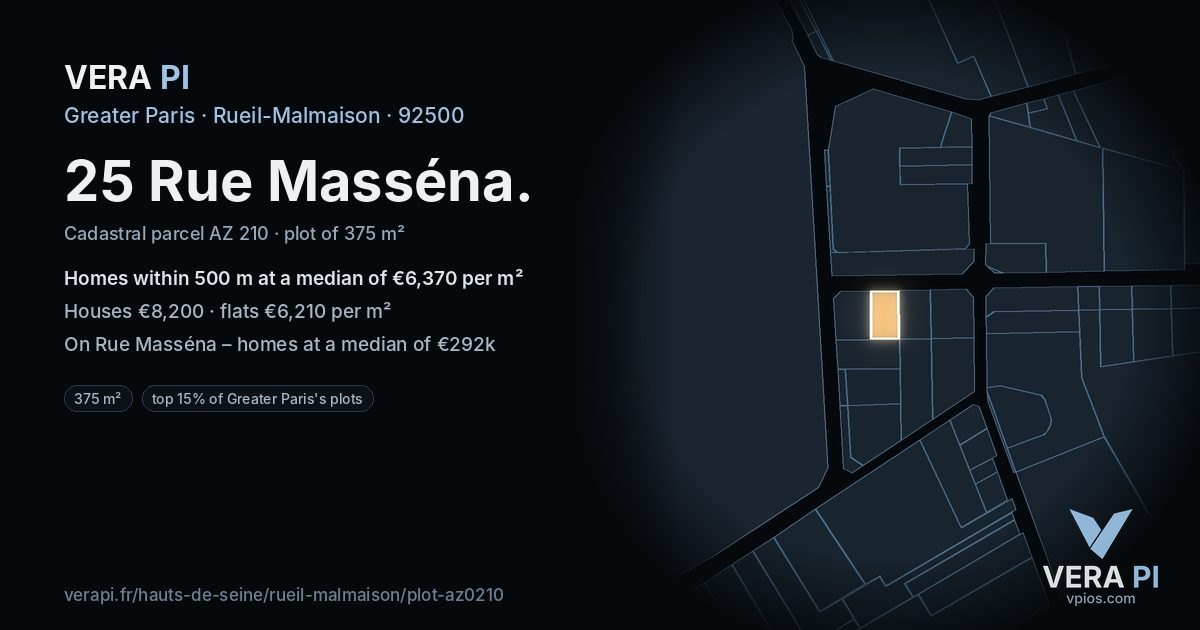 25 Rue Masséna, Rueil-Malmaison at night – the plot lit, the parcels around coloured by the prices near them