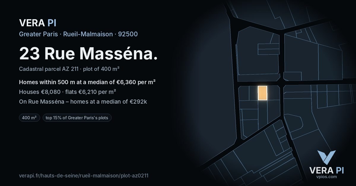23 Rue Masséna, Rueil-Malmaison at night – the plot lit, the parcels around coloured by the prices near them