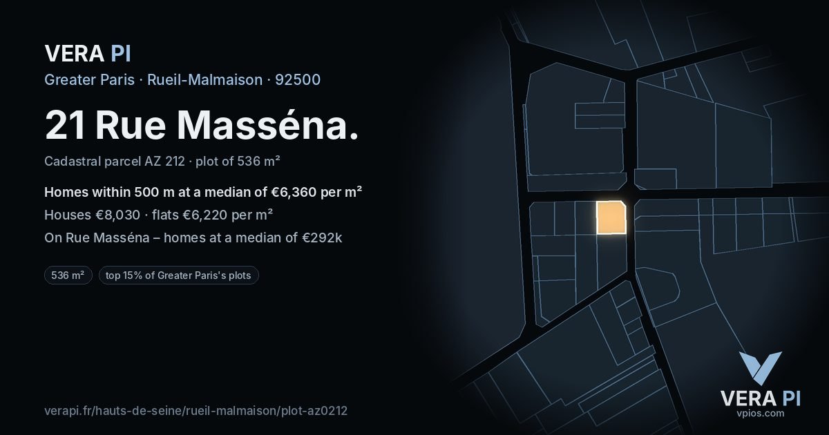 21 Rue Masséna, Rueil-Malmaison at night – the plot lit, the parcels around coloured by the prices near them