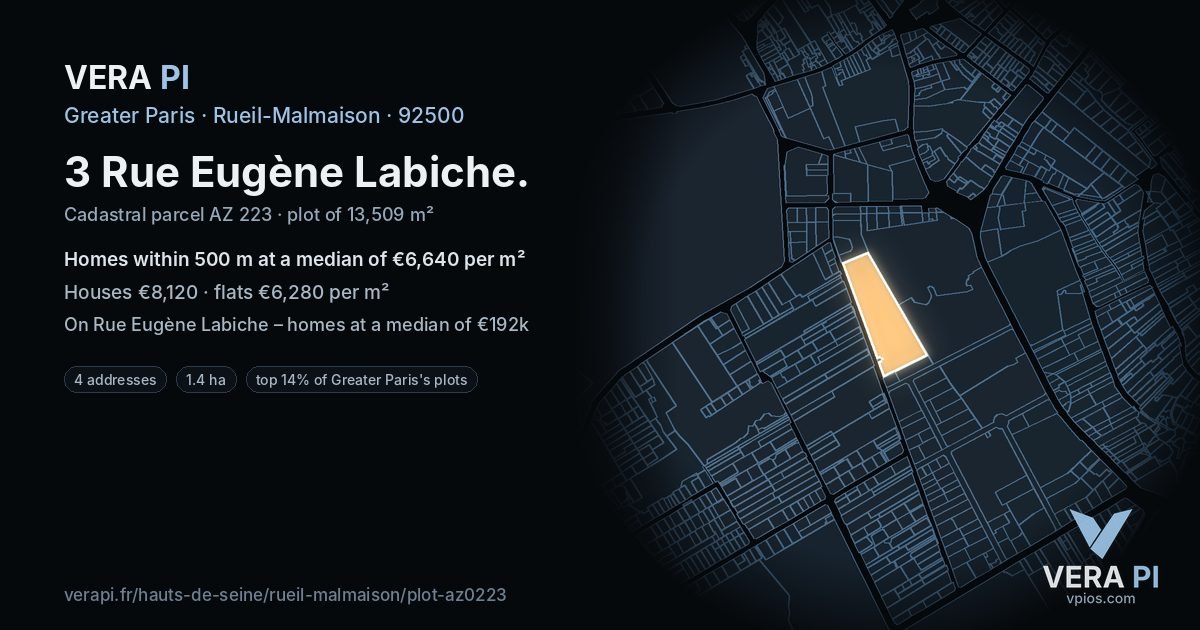 3 Rue Eugène Labiche, Rueil-Malmaison at night – the plot lit, the parcels around coloured by the prices near them