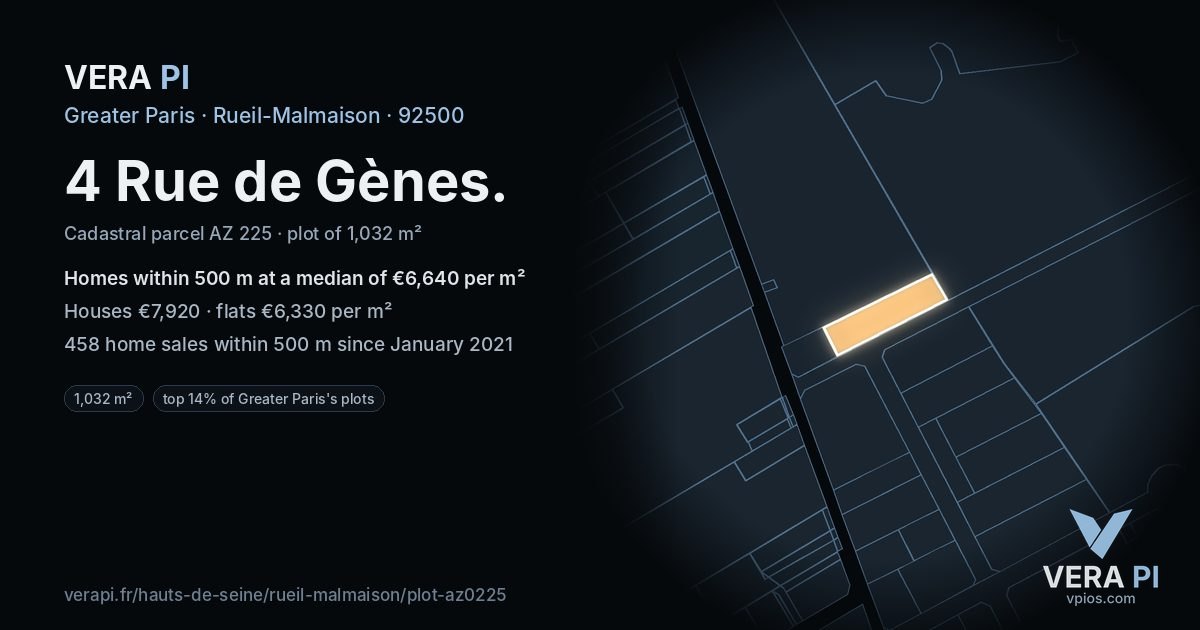 4 Rue de Gènes, Rueil-Malmaison at night – the plot lit, the parcels around coloured by the prices near them