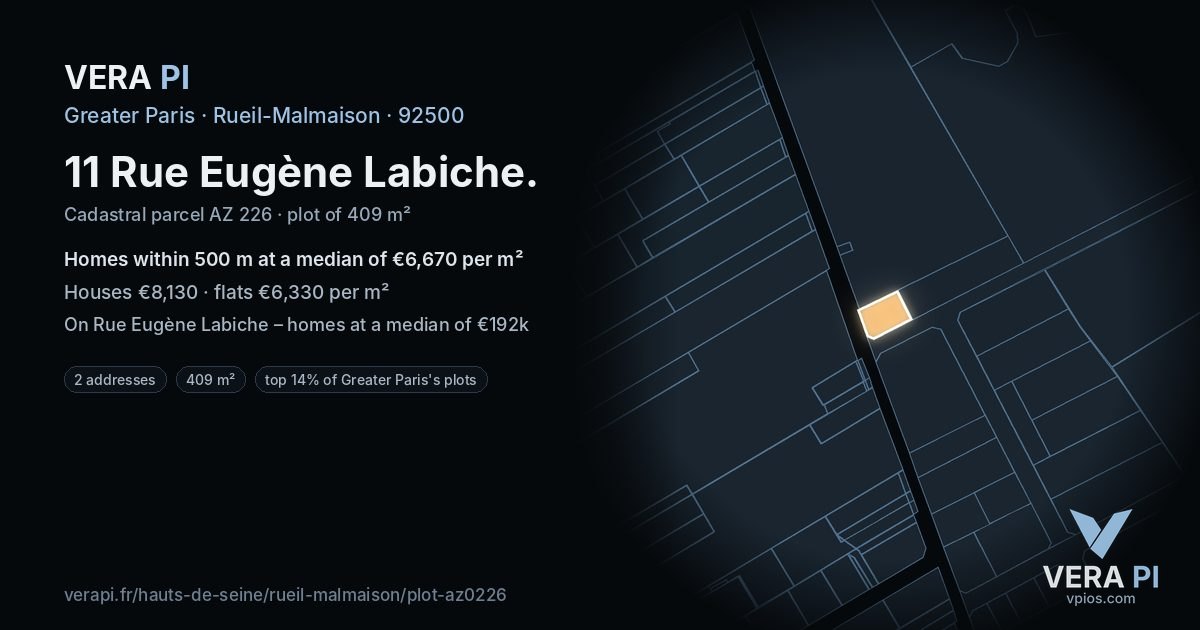 11 Rue Eugène Labiche, Rueil-Malmaison at night – the plot lit, the parcels around coloured by the prices near them