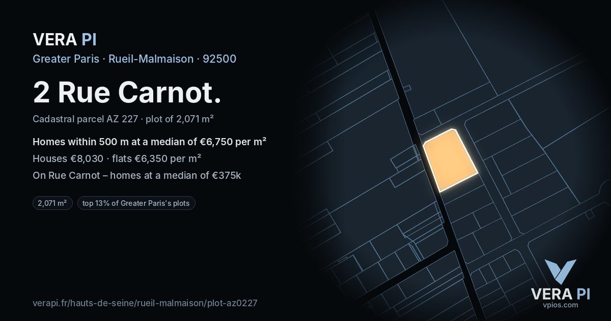 2 Rue Carnot, Rueil-Malmaison at night – the plot lit, the parcels around coloured by the prices near them