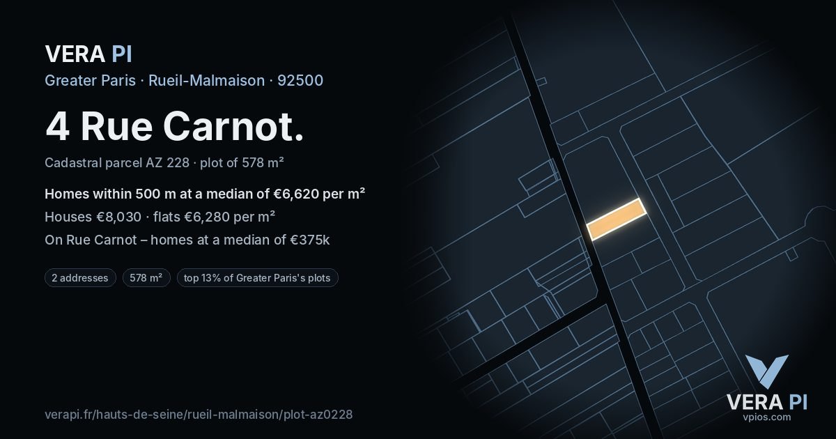 4 Rue Carnot, Rueil-Malmaison at night – the plot lit, the parcels around coloured by the prices near them