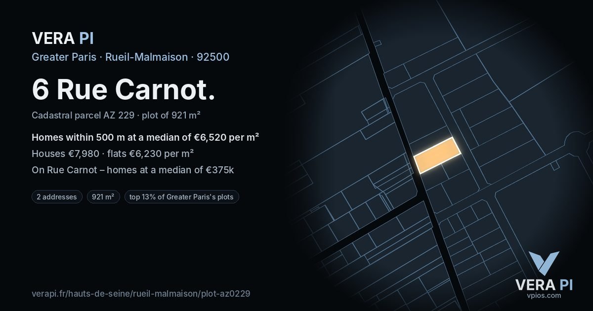 6 Rue Carnot, Rueil-Malmaison at night – the plot lit, the parcels around coloured by the prices near them