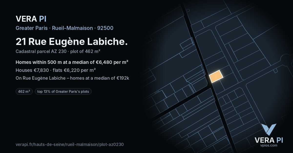 21 Rue Eugène Labiche, Rueil-Malmaison at night – the plot lit, the parcels around coloured by the prices near them