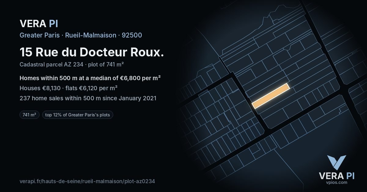 15 Rue du Docteur Roux, Rueil-Malmaison at night – the plot lit, the parcels around coloured by the prices near them