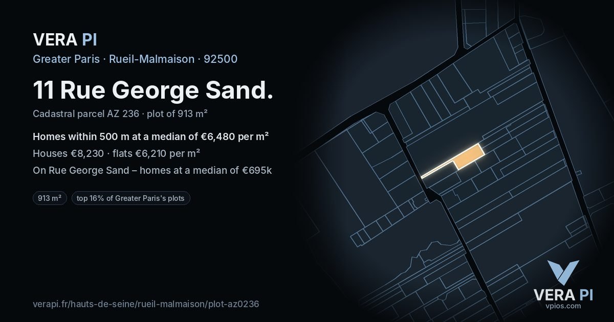 11 Rue George Sand, Rueil-Malmaison at night – the plot lit, the parcels around coloured by the prices near them