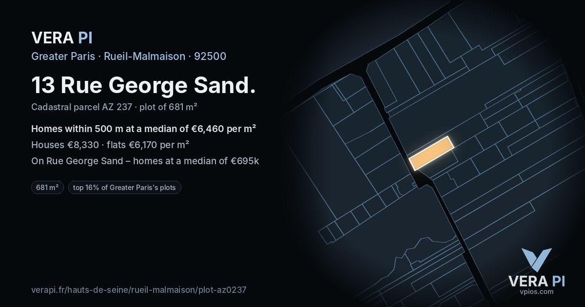 13 Rue George Sand, Rueil-Malmaison at night – the plot lit, the parcels around coloured by the prices near them