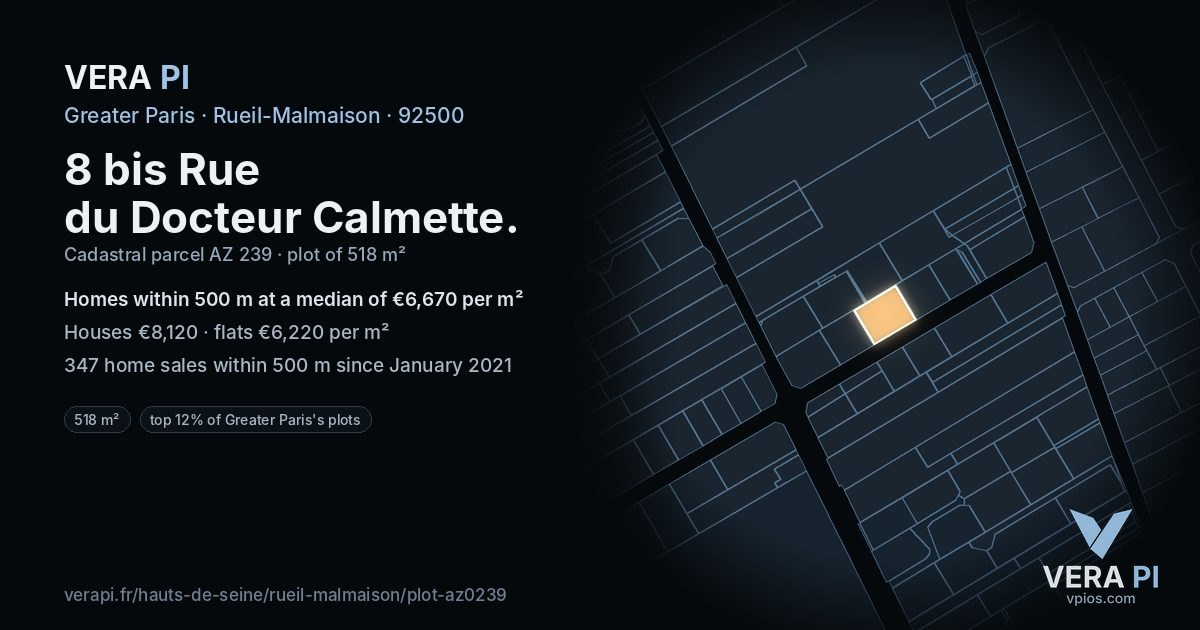 8 bis Rue du Docteur Calmette, Rueil-Malmaison at night – the plot lit, the parcels around coloured by the prices near them