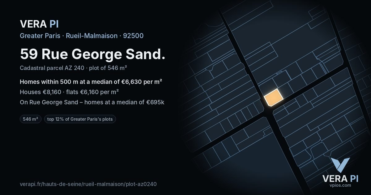 59 Rue George Sand, Rueil-Malmaison at night – the plot lit, the parcels around coloured by the prices near them