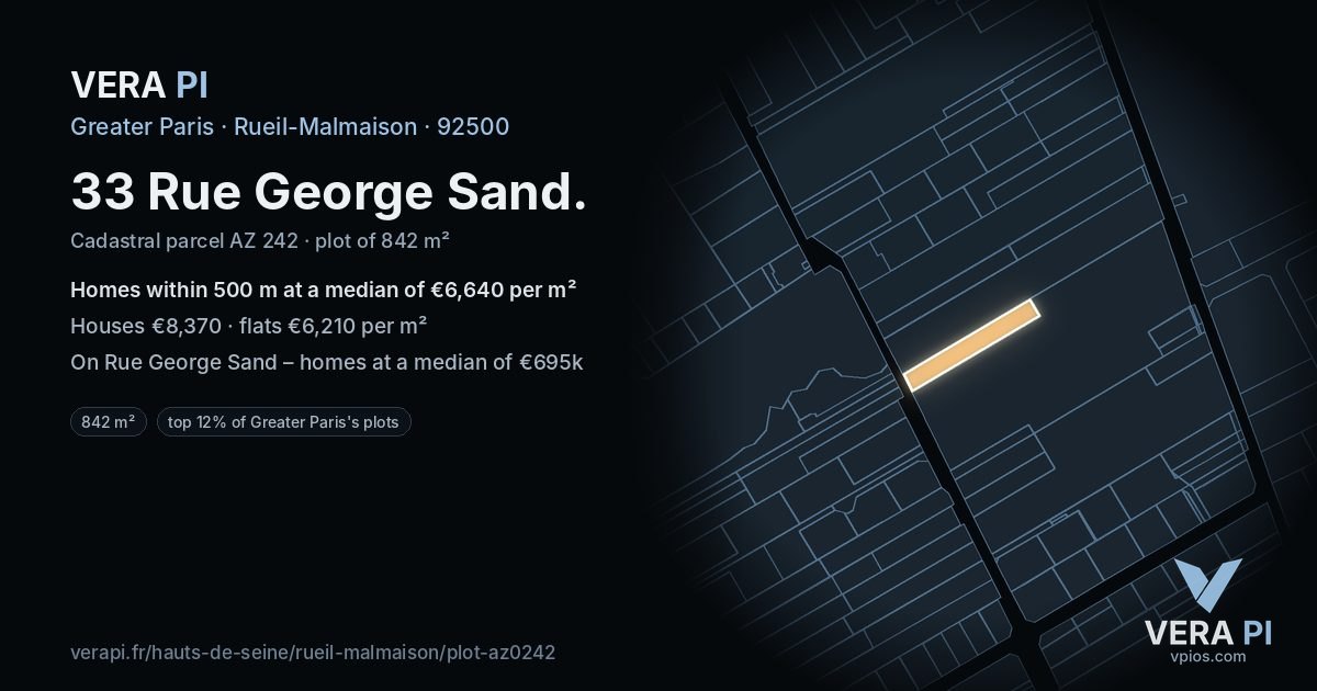 33 Rue George Sand, Rueil-Malmaison at night – the plot lit, the parcels around coloured by the prices near them