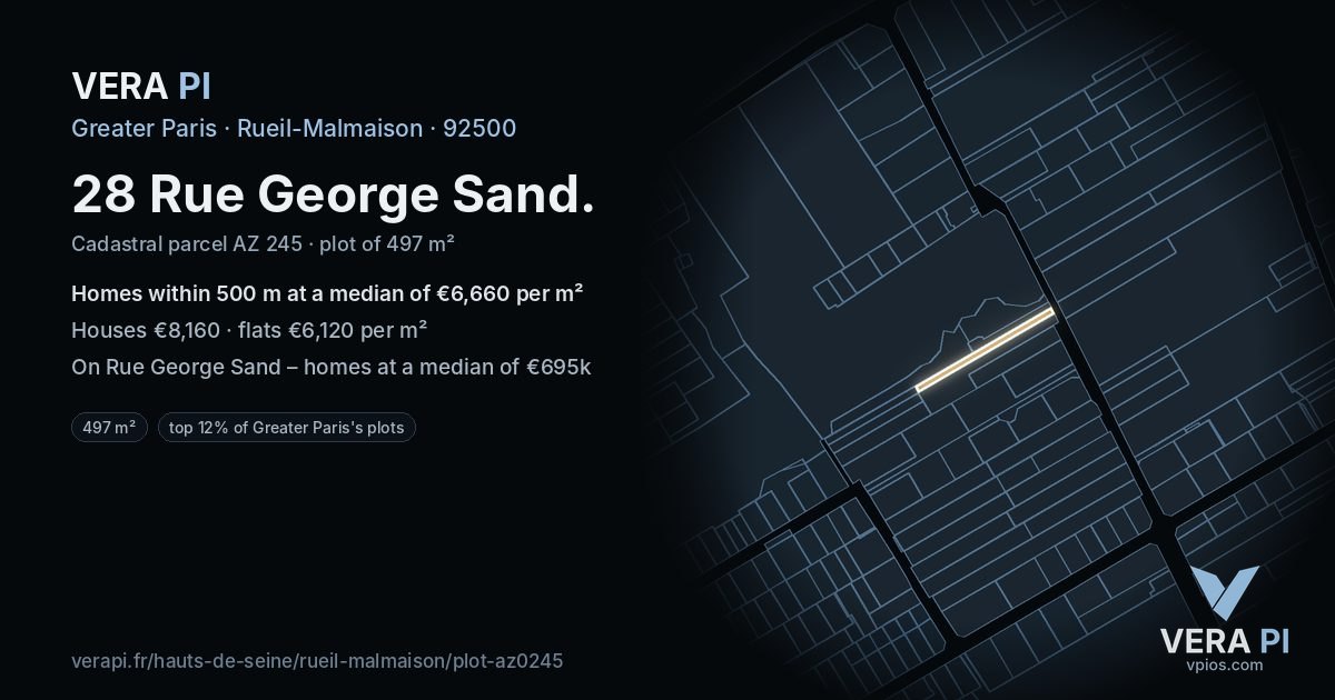 28 Rue George Sand, Rueil-Malmaison at night – the plot lit, the parcels around coloured by the prices near them