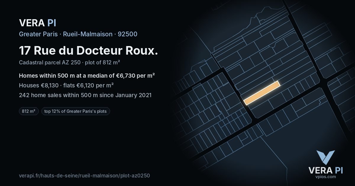 17 Rue du Docteur Roux, Rueil-Malmaison at night – the plot lit, the parcels around coloured by the prices near them