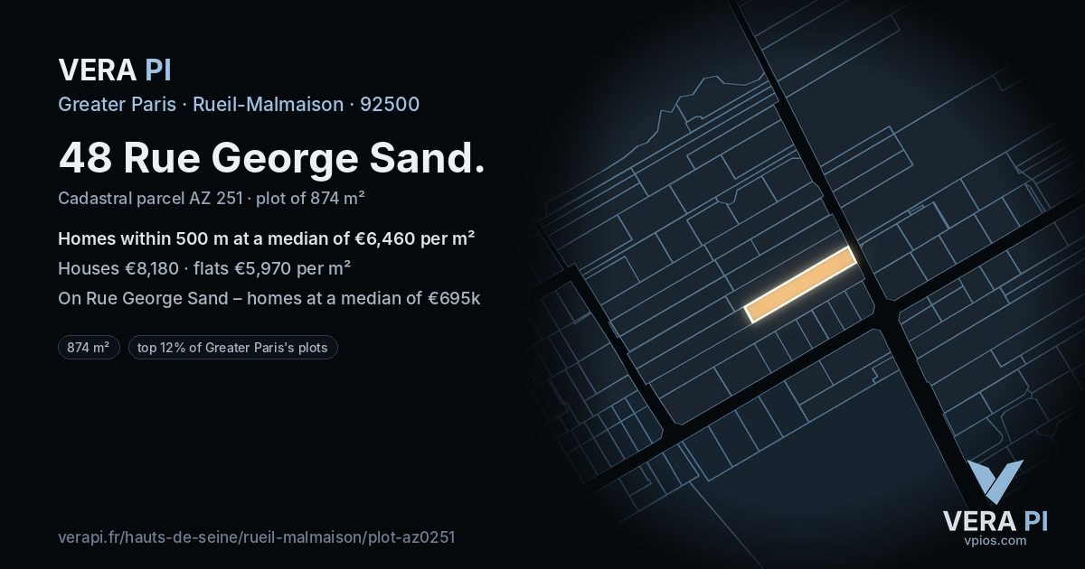 48 Rue George Sand, Rueil-Malmaison at night – the plot lit, the parcels around coloured by the prices near them