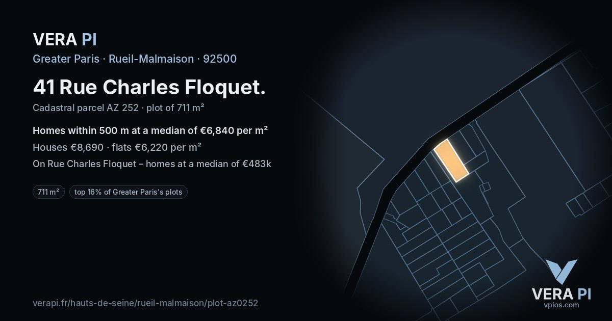 41 Rue Charles Floquet, Rueil-Malmaison at night – the plot lit, the parcels around coloured by the prices near them