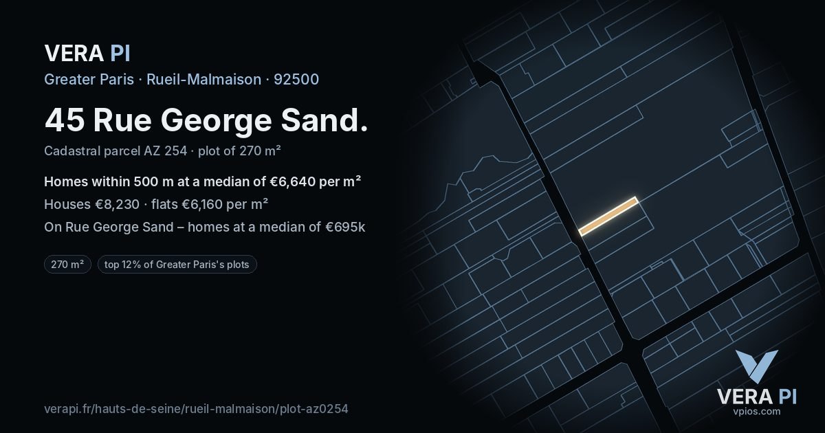 45 Rue George Sand, Rueil-Malmaison at night – the plot lit, the parcels around coloured by the prices near them