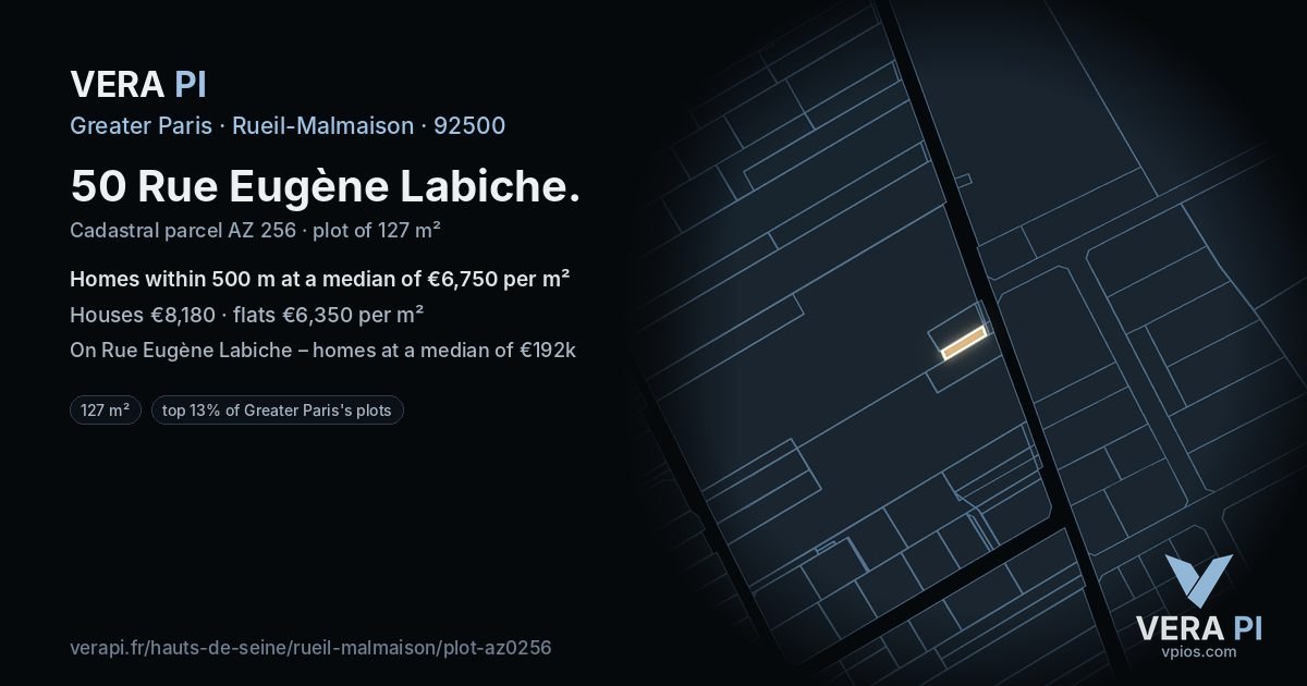 50 Rue Eugène Labiche, Rueil-Malmaison at night – the plot lit, the parcels around coloured by the prices near them